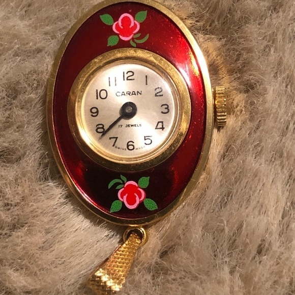 Vtg 60s caran bubble enamel pendant watch 17 jewels hand painted flowers - Picture 2 of 7